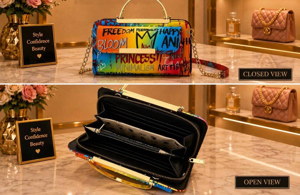 NEW ALBA HANDBAG women's graffiti clutch wallet in blue/fuchsia
